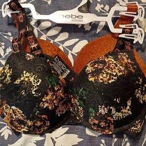 Bebe Black Lace Bra with Multicolor Floral Design